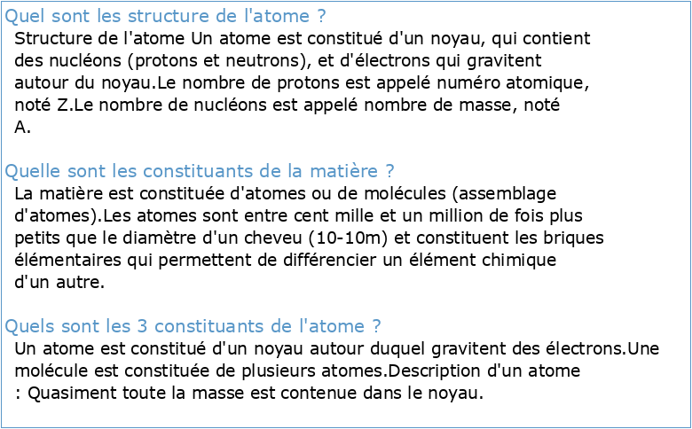 Structure de l'atome : Constituants de la matière
