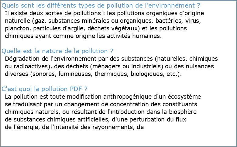 CHAPITRE IV NATURE ET TYPES DE POLLUTION DE L’ENVIRONNEMENT