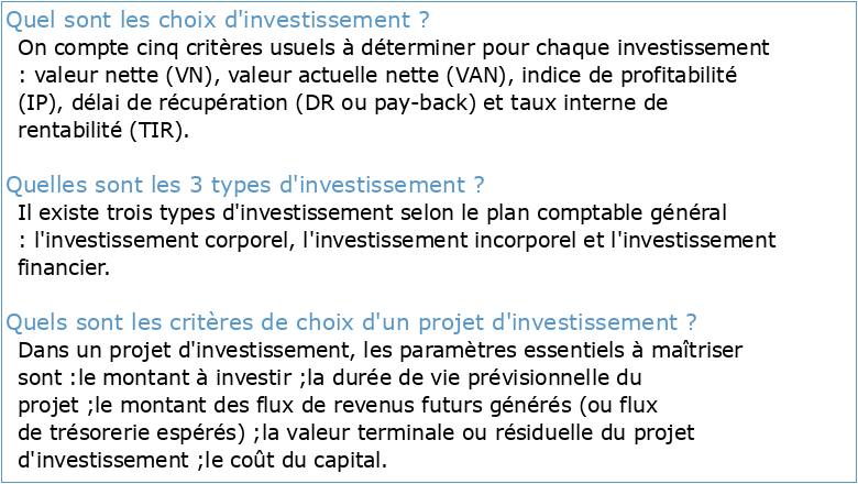 Le Choix d’investissement Introduction générale concepts et