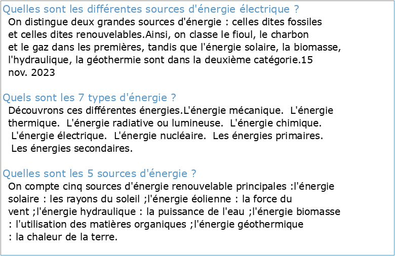 Électricité et autres sources d'énergie