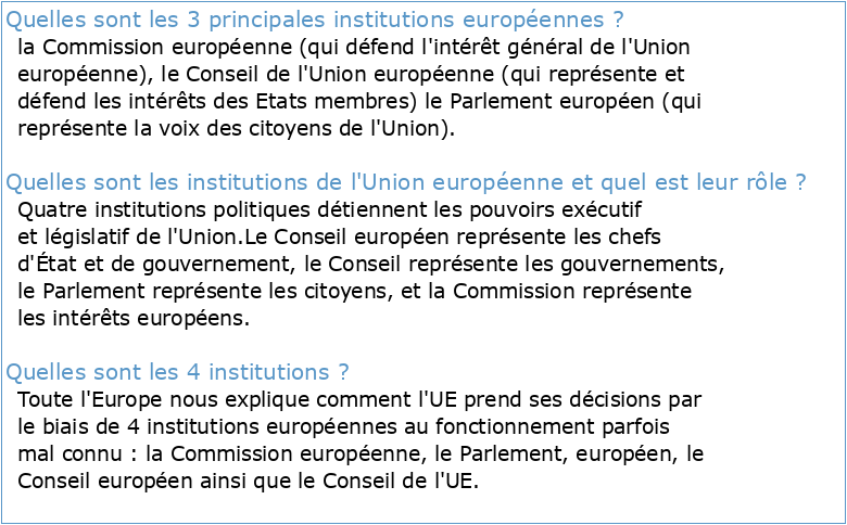 TROIS principales institutions dans l'Union européenne