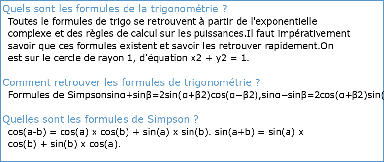 Trigonométrie Démonstrations de quelques formules de