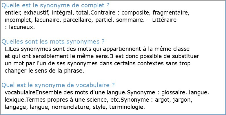 VOCABULAIRE Les synonymes complet