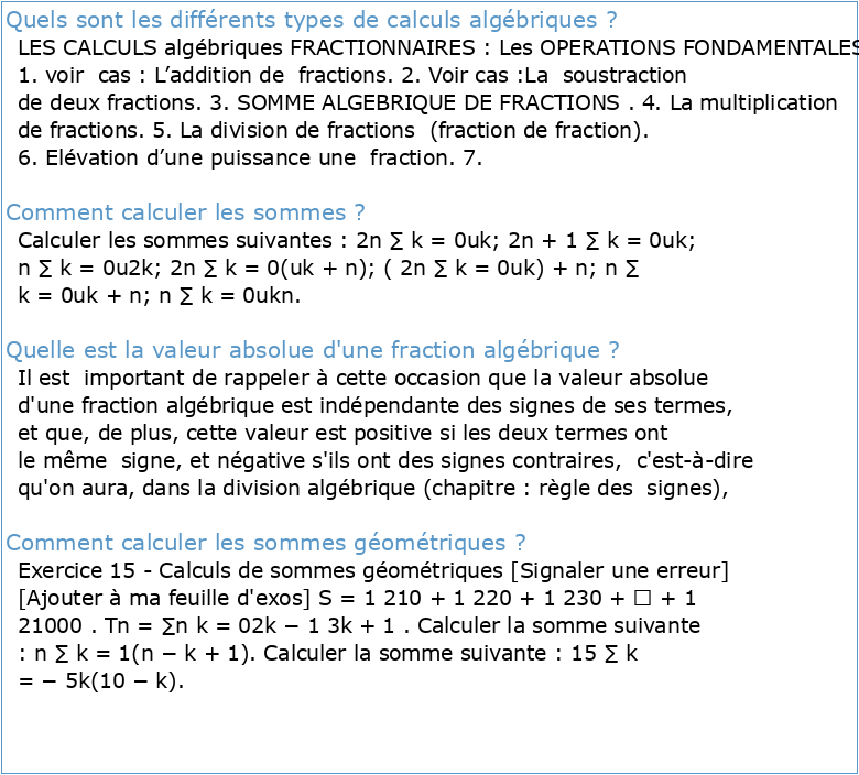 Calculer une somme algébrique de fractions EXERCICE NO 9