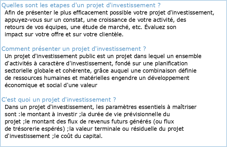 ANNEXE 1 Profil de projet d'investissement (Résumé)