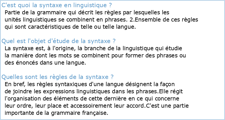 Linguistique française : syntaxe Aperçu du cours