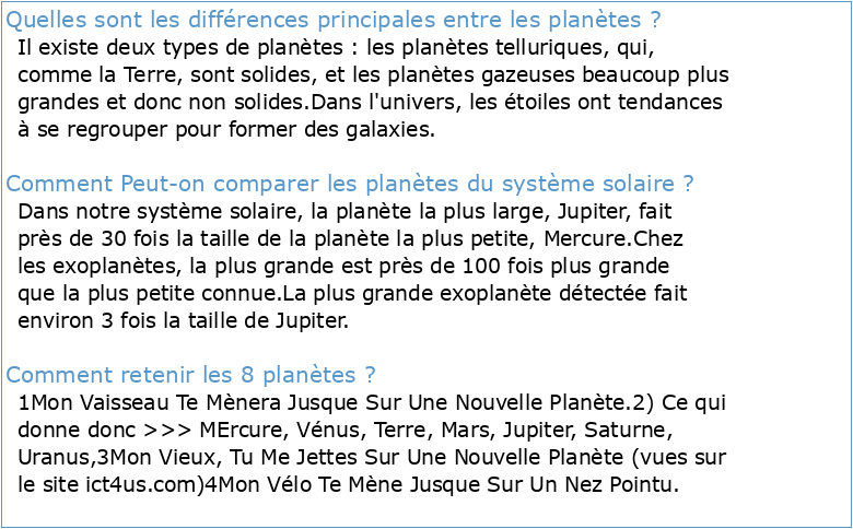 Tableau comparatif simplifié des planètes