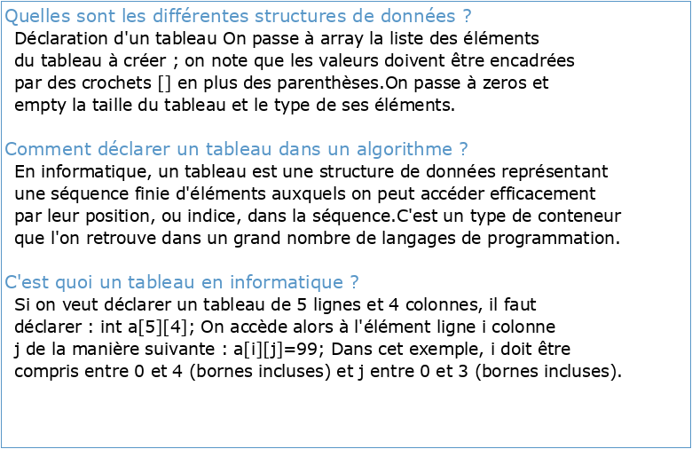 CHAPITRE 6 Structures de données Les Tableaux :