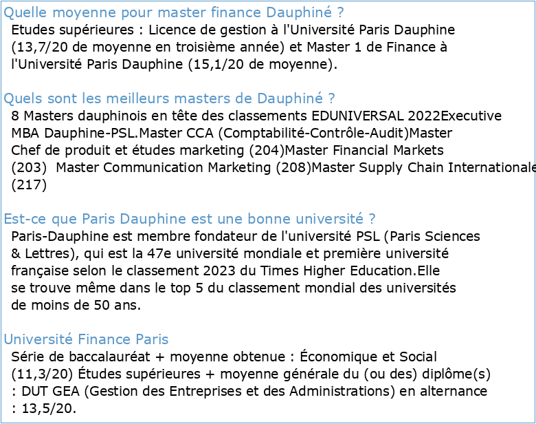 Evaluation du master Finance de l'Université Paris-Dauphine