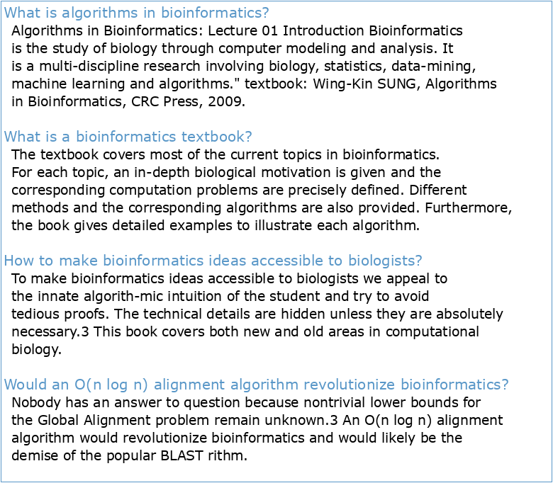 Algorithms in Bioinformatics: Lecture 01 Introduction