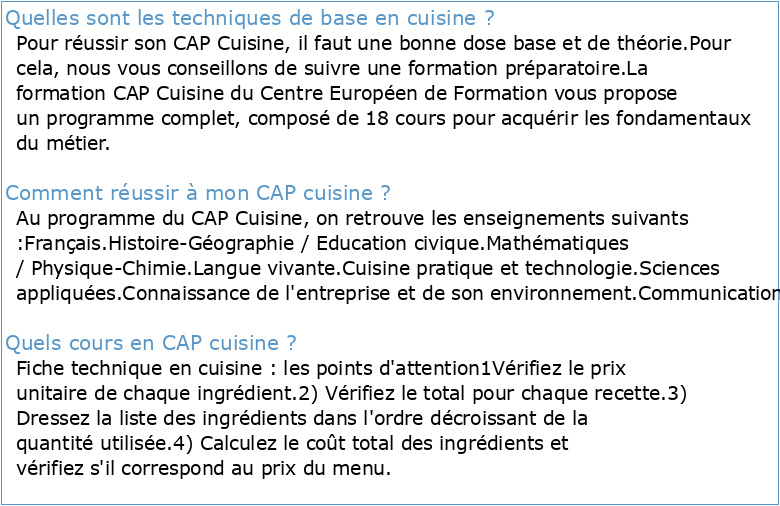 Liste des 25 recettes de base à maîtriser CAP Cuisine CPC 17