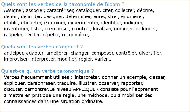 liste des verbes d'action taxonomie de bloom du domaine cognitif