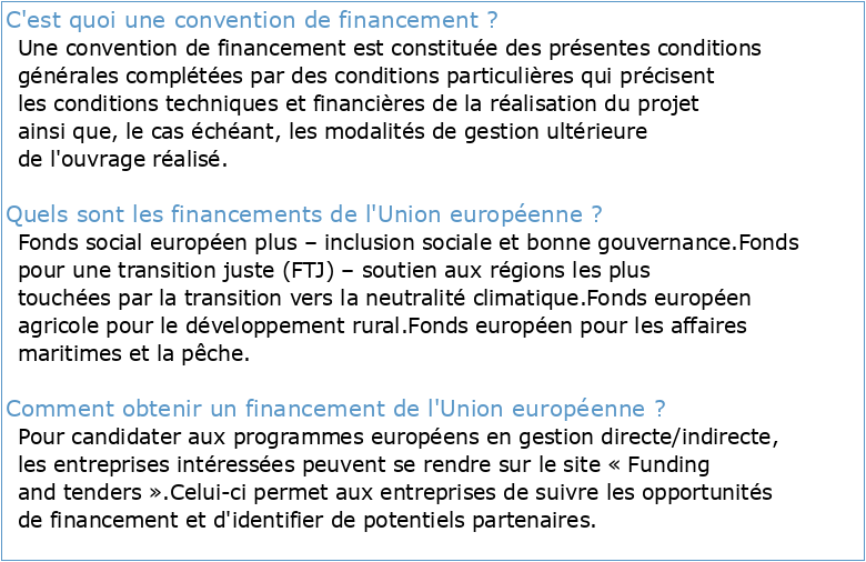 CONVENTION DE FINANCEMENT entre L'UNION EUROPEENNE