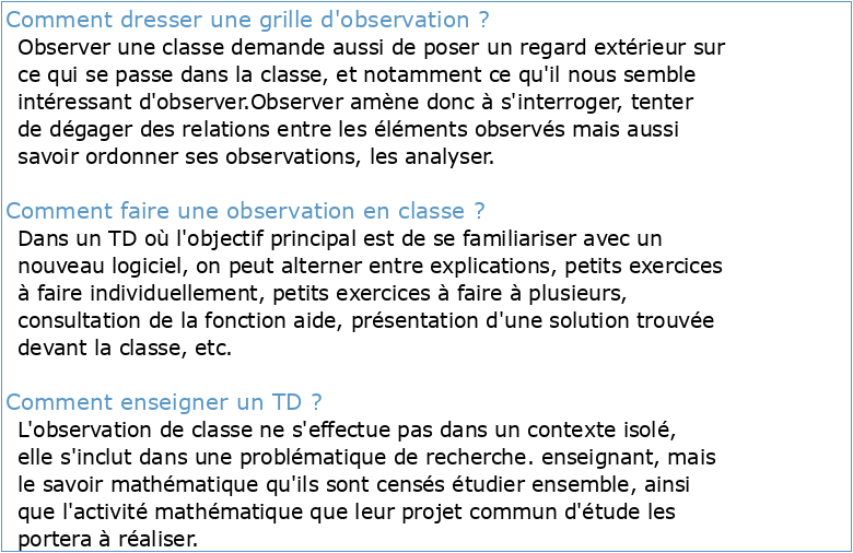 GRILLE D'OBSERVATION DE CLASSE : TRAVAUX DIRIGÉS