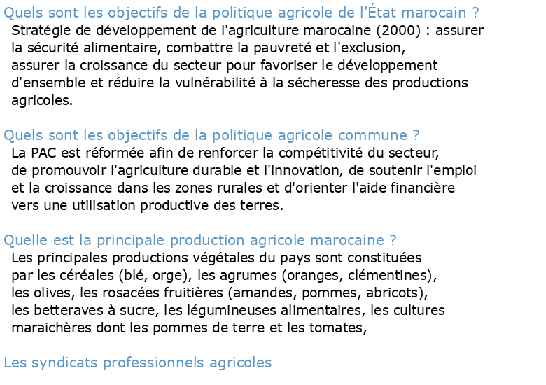 Principaux volets des politiques agricoles au Maroc