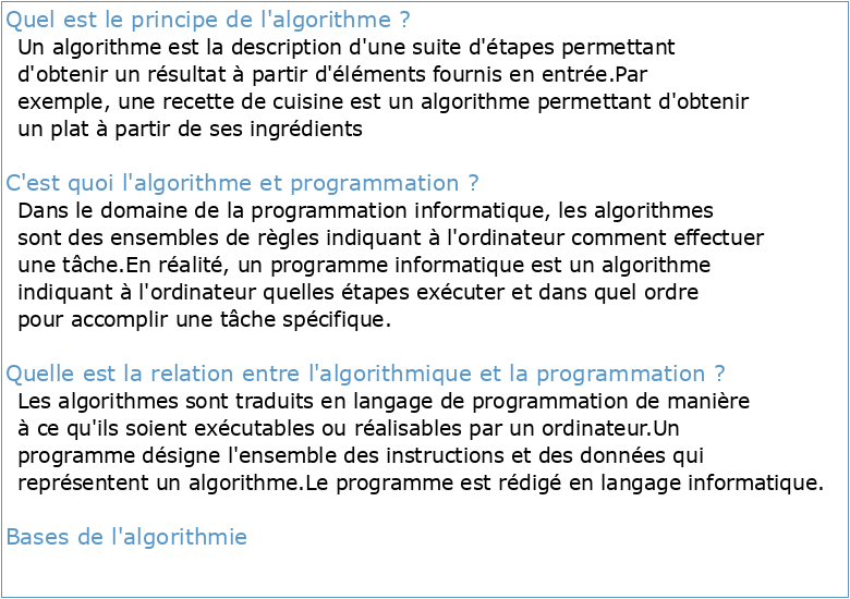 Les principes de l'Algorithmique et de la Programmation