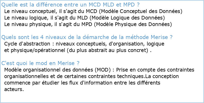 La méthode MERISE 2 : MCD – MOD – MLD – MPD Dénormalisation