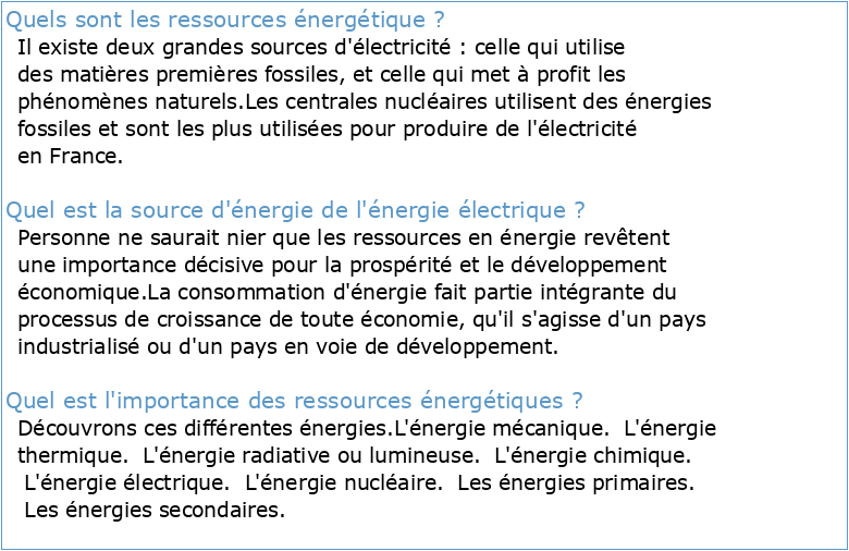 Ressources énergétiques et énergie électrique