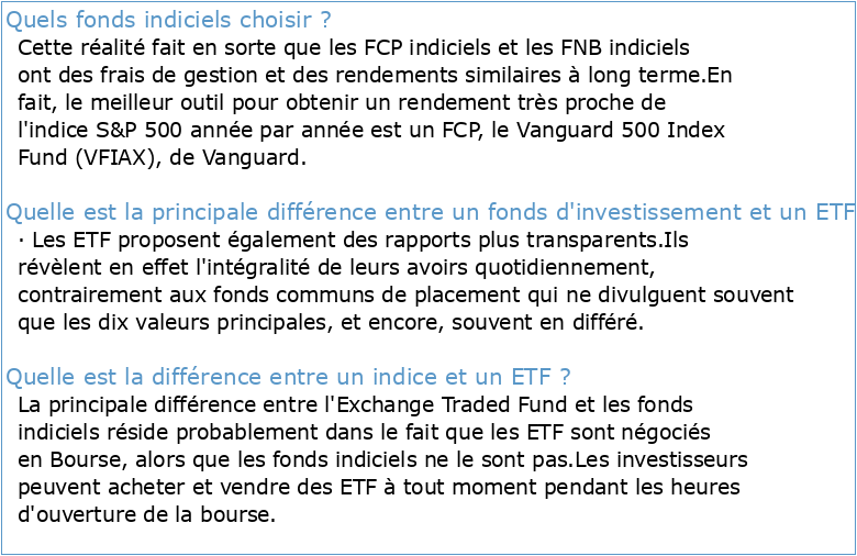 Fonds Indiciels traditionnels ou Exchange traded fund quel