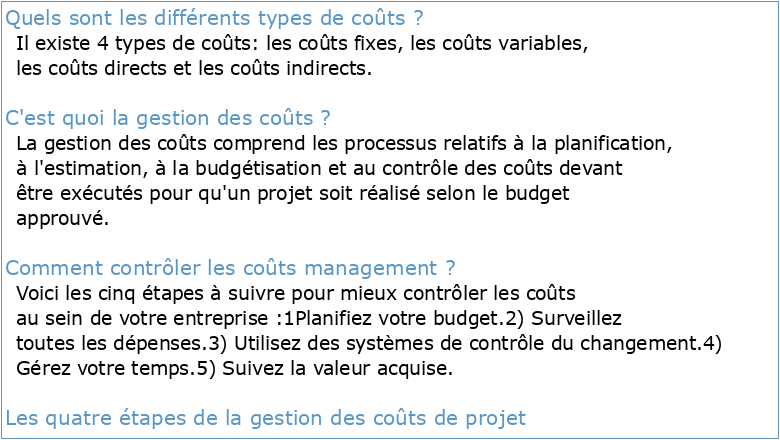 Les trois processus du management des coûts