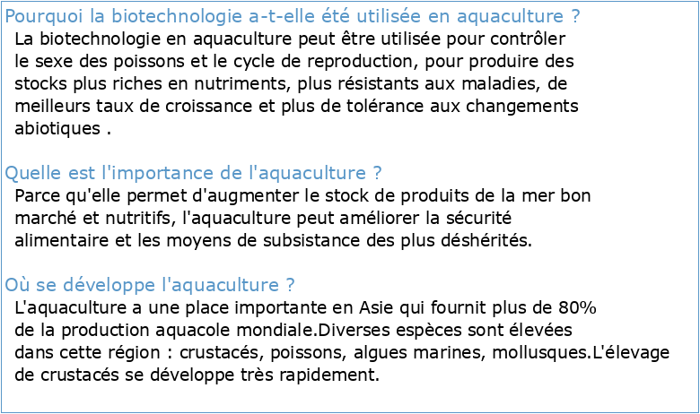 L'aquaculture a-t-elle le potentiel pour devenir la « biotechnologie