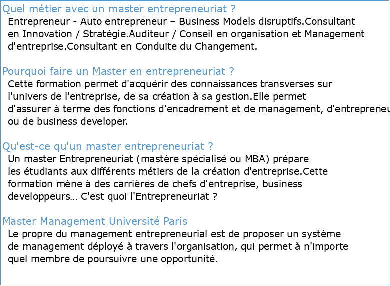 Master 2 « Entrepreneuriat et management de projets innovants