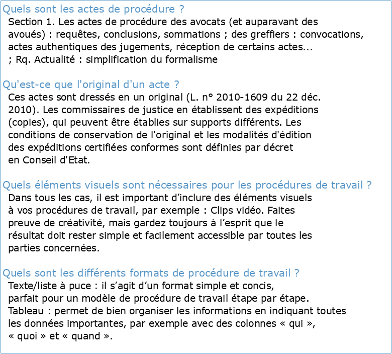 VII) ACTES DE PROCÉDURE A) OUTILS DE TRAVAIL B) POINTS DE