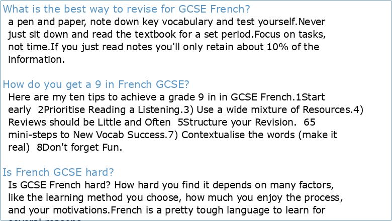 The GCSE French Exam Handy Revision Pack