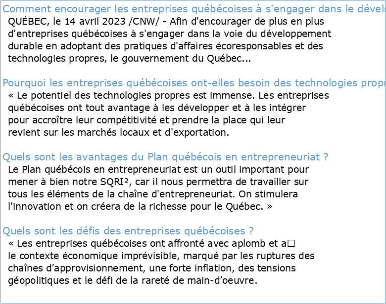 Promotion et développement des entreprises québécoises sur les