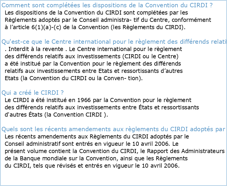 CIRDI Convention pour le règlement des différends relatifs aux