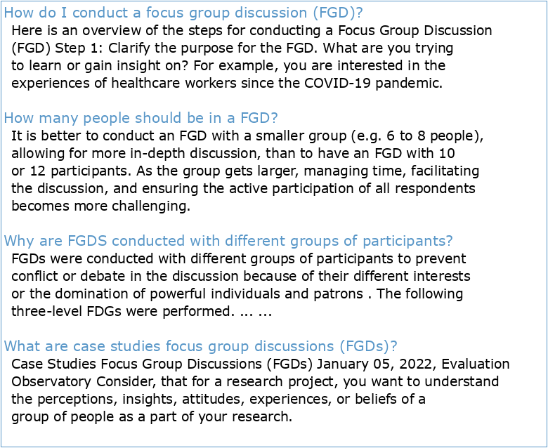 Discussions de groupe (FGD Focus Group Discussions)