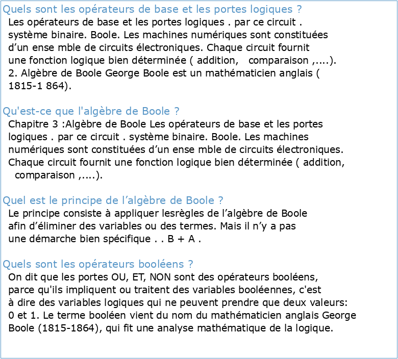 Chapitre 3: l'Algèbre de Boole et les Portes Logiques Introduction