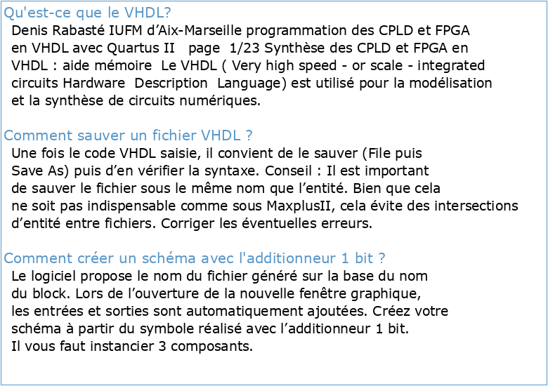 Document de base pour l'exploitation du langage VHDL sur Quartus