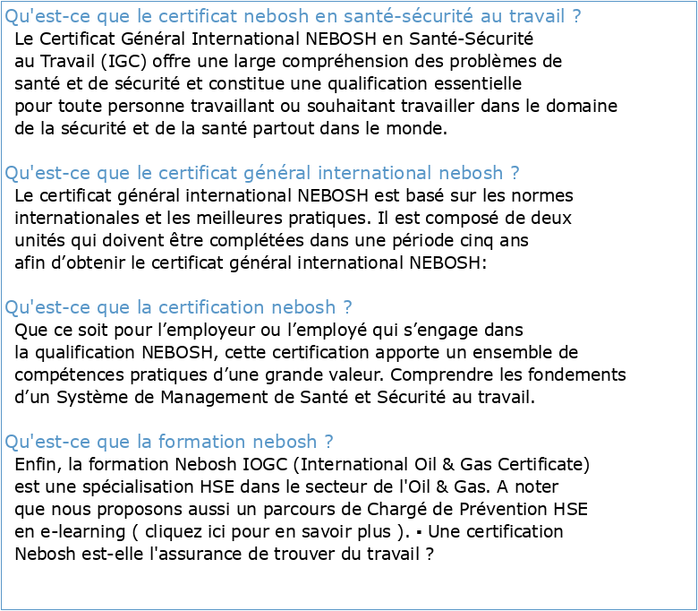 Certificat général international NEBOSH de santé et sécurité au travail
