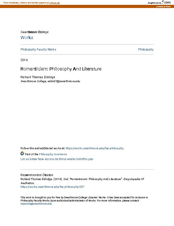 [PDF] Romanticism: Philosophy And Literature - CORE