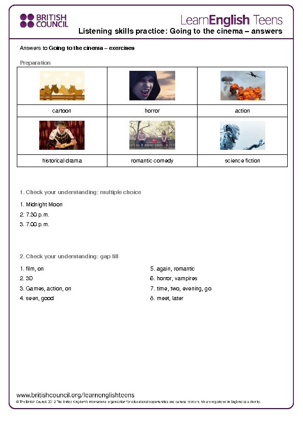 [PDF] Listening skills practice: Going to the cinema – answers