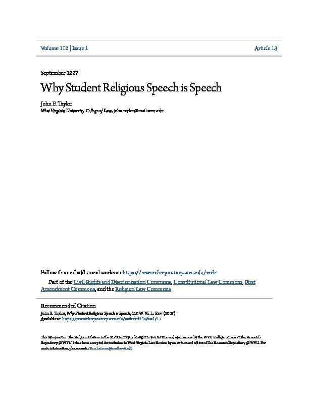 [PDF] Why Student Religious Speech is Speech - CORE