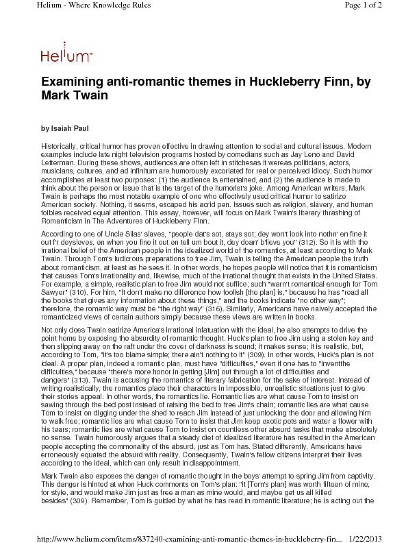 [PDF] Examining anti-romantic themes in Huckleberry Finn, by Mark Twain