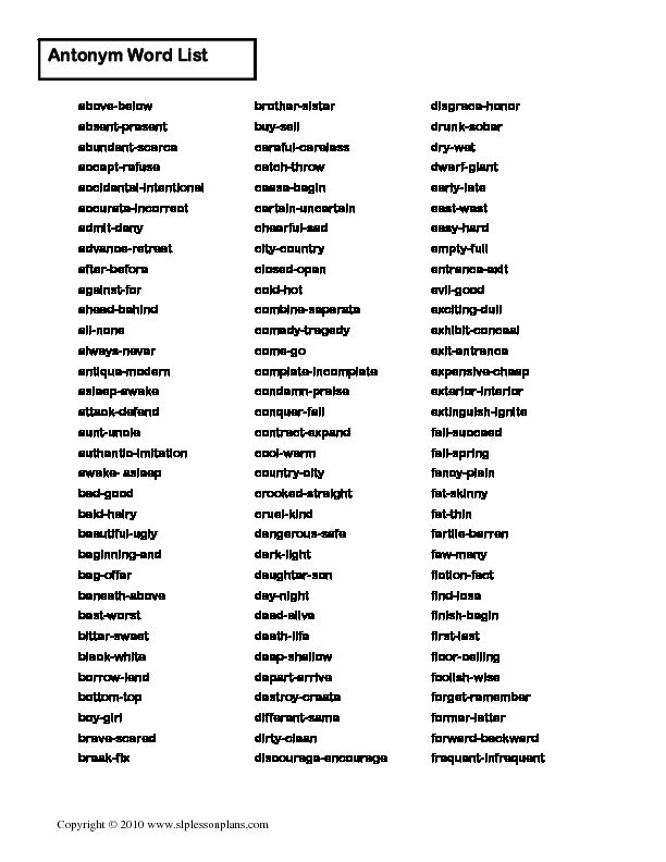 [PDF] Antonym Word List - slp lesson plans