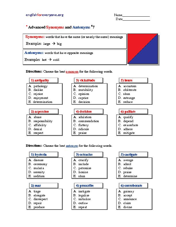 [PDF] Advanced Synonyms and Antonyms 7 Synonyms: Example