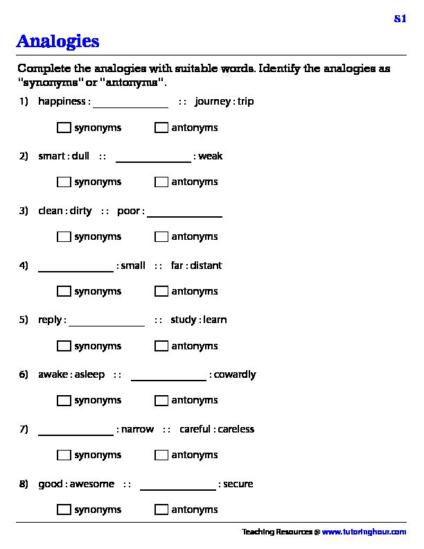 [PDF] Synonyms and Antonyms Analogies - Tutoring Hour