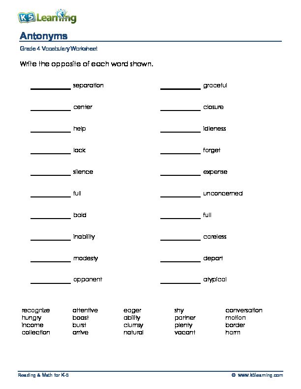 [PDF] 4th grade antonyms - K5 Learning