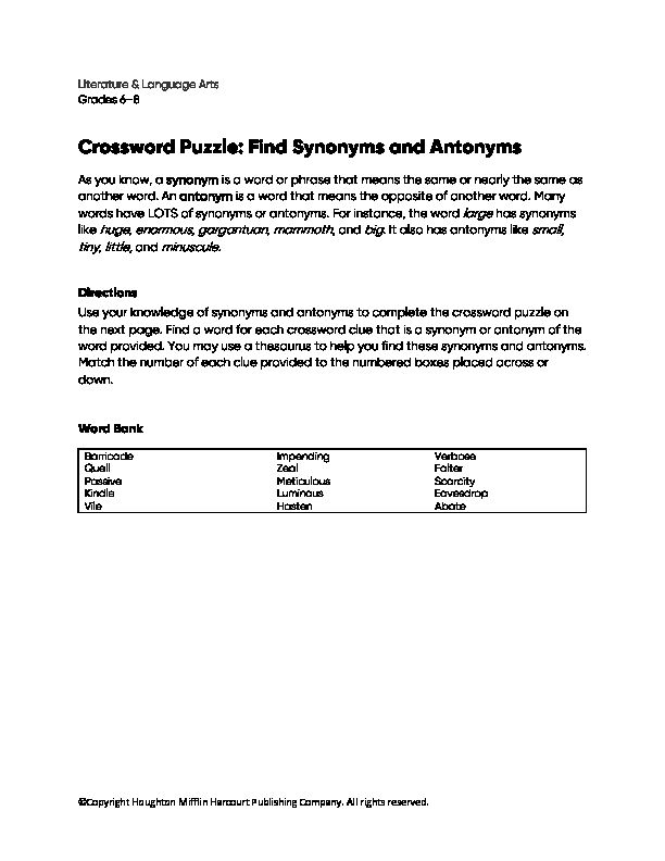 [PDF] Crossword Puzzle: Find Synonyms and Antonyms