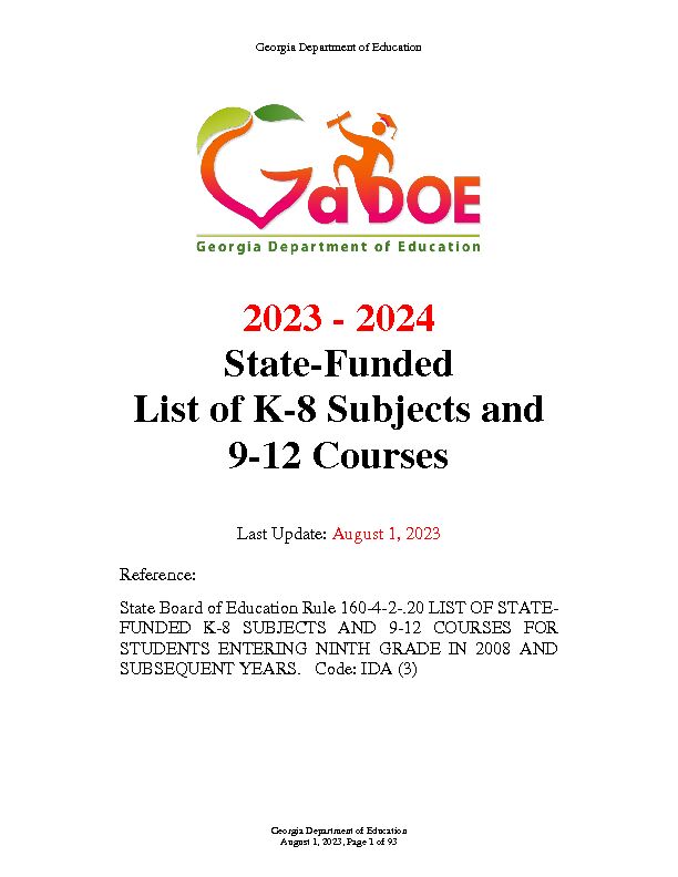 2022 - 2023 State-Funded List of K-8 Subjects and 9-12 Courses