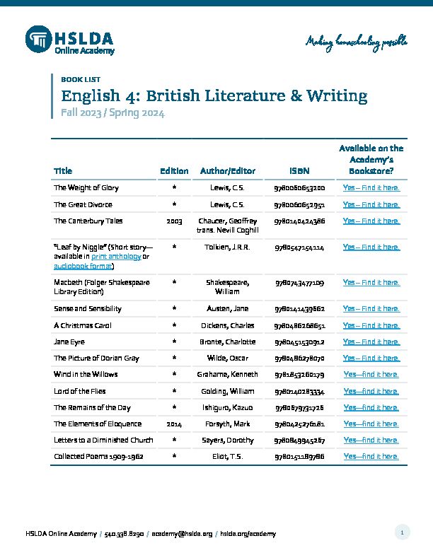 [PDF] booklist for English 4: British Literature & Writing - HSLDA Online