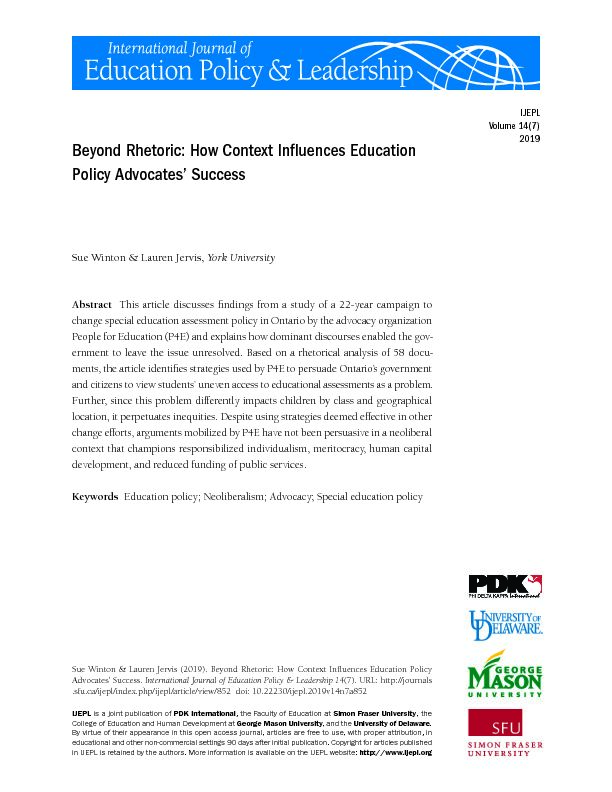 [PDF] Beyond Rhetoric: How Context Influences Education Policy Advoca