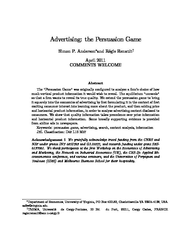 [PDF] Advertising: the Persuasion Game - Department of Economics