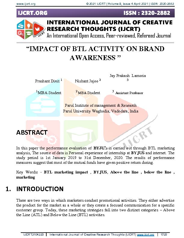 [PDF] impact of btl activity on brand awareness - IJCRTorg