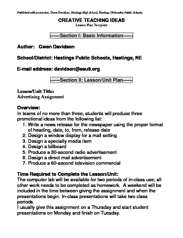 [PDF] Advertising Assignment - Nebraska Department of Education