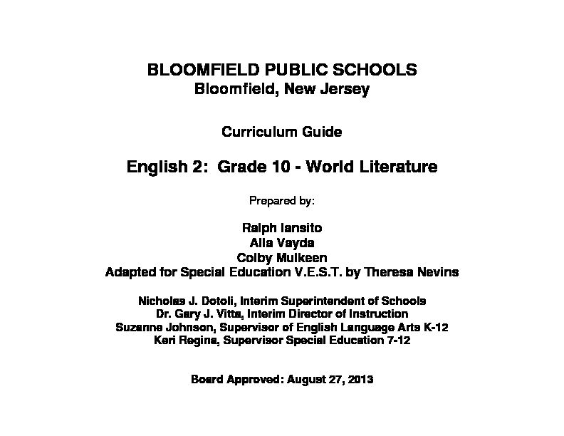 BLOOMFIELD PUBLIC SCHOOLS English 2: Grade 10 - World
